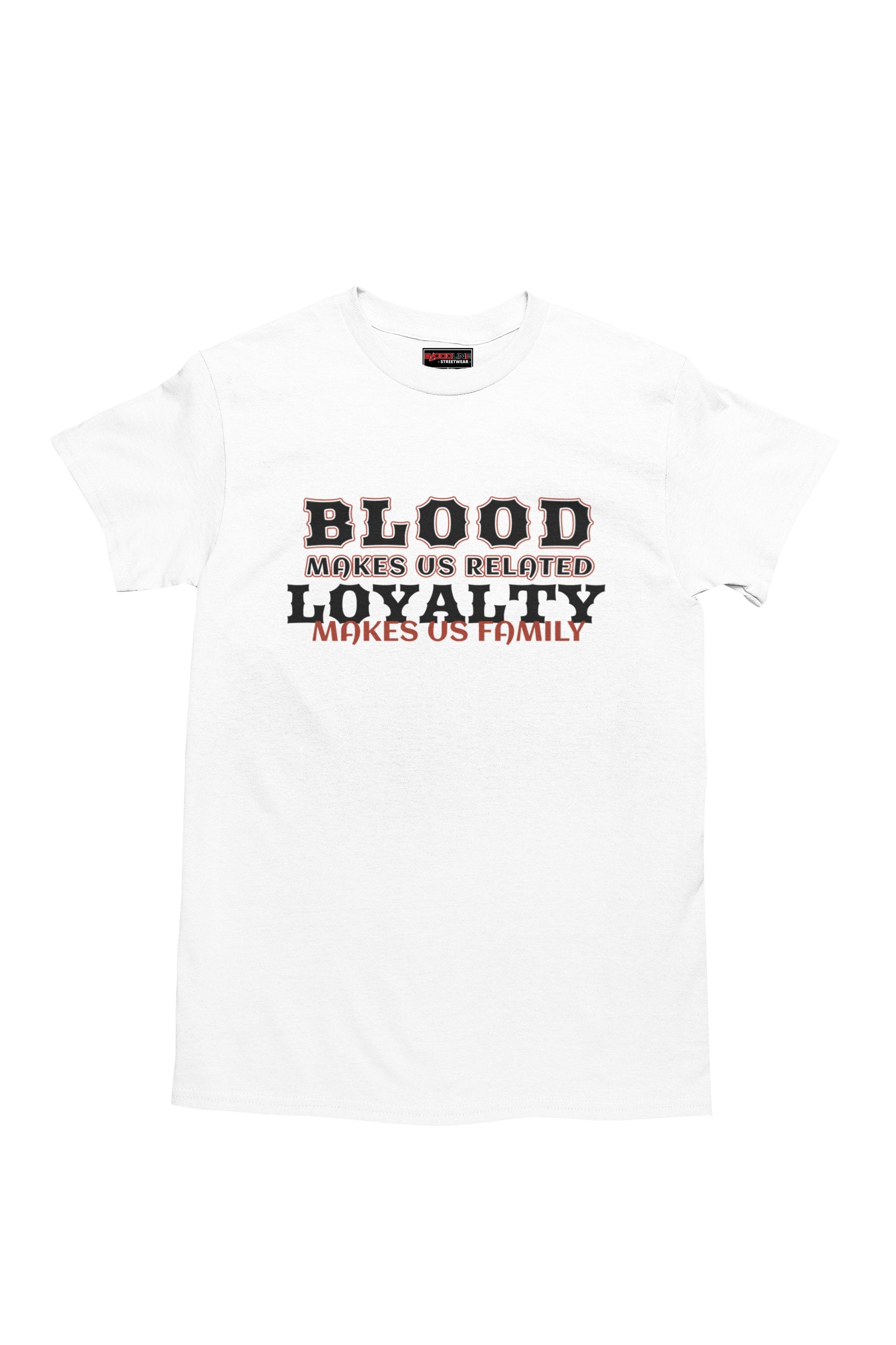 White t-shirt with black text on a white background